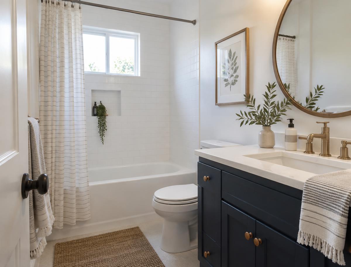 Fresh, clean bathroom with a white bathtub and navy vanity