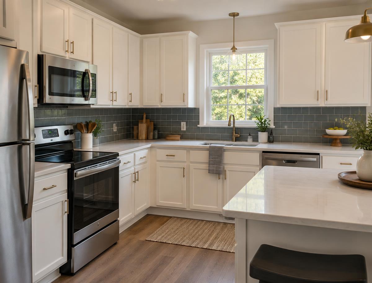 Clean refreshed kitchen with bright countertops